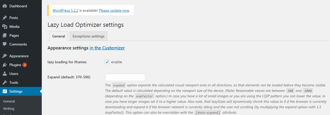 Lazy Load Optimizer settings