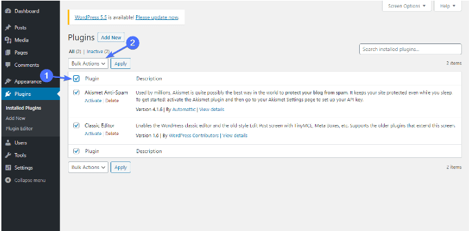 WP dashboard