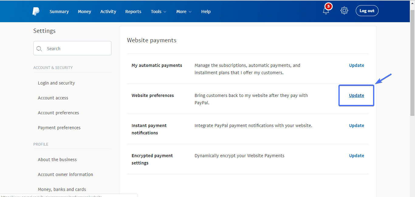 update website preferences