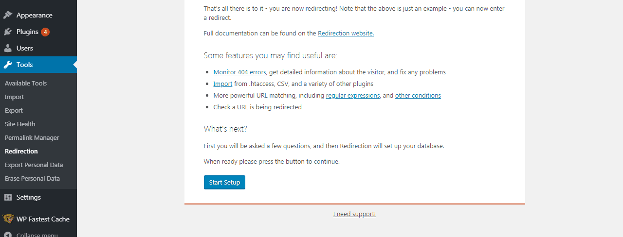 Redirection plugin Start Setup button