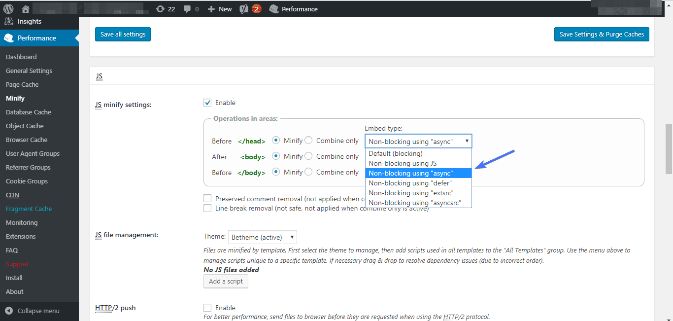 Eliminate render-blocking resources: JS minify settings