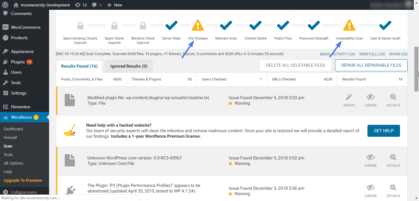malware scan report - repair all files
