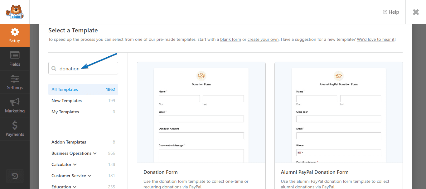 search donation template