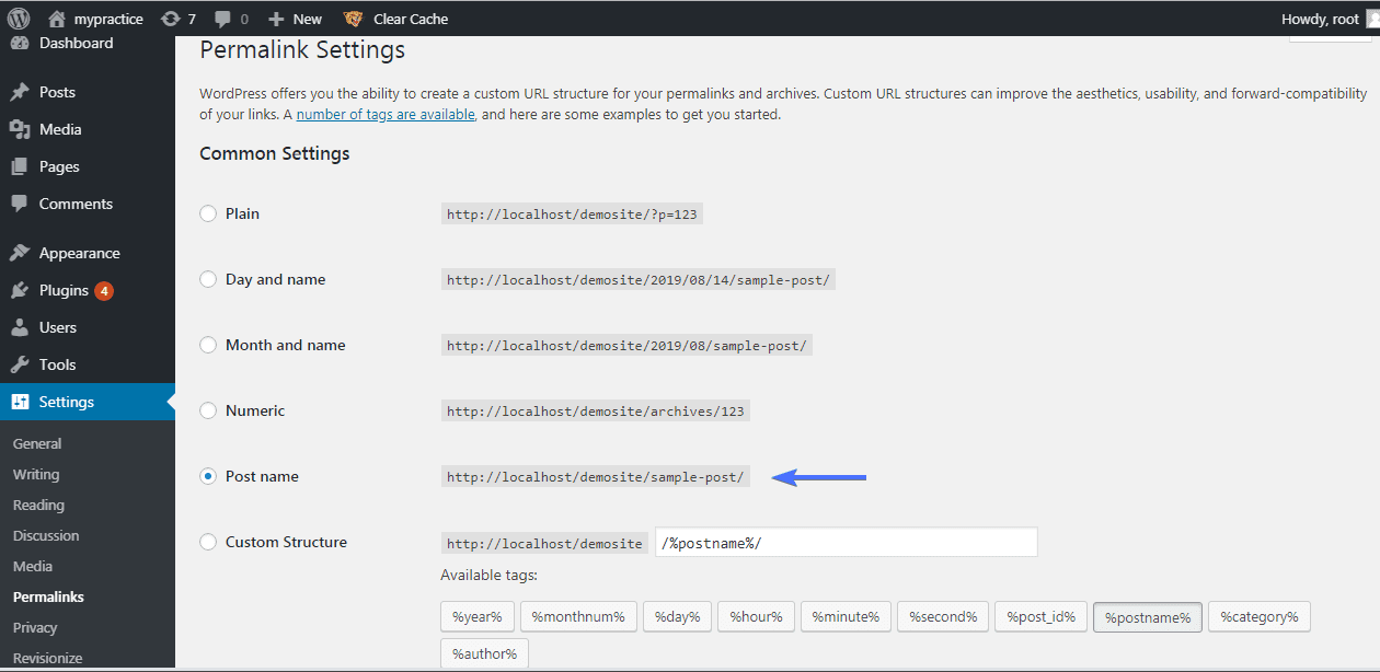 Postname option in Settings - WordPress Permalinks