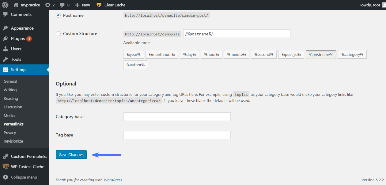 Click on save changes button - WordPress Permalinks