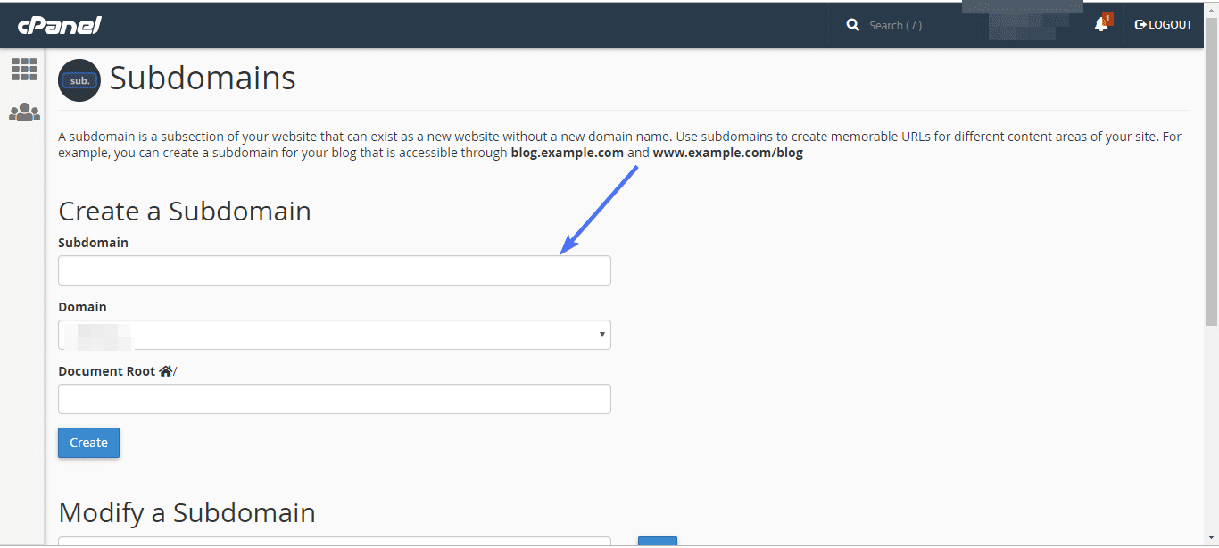 create a subdomain
