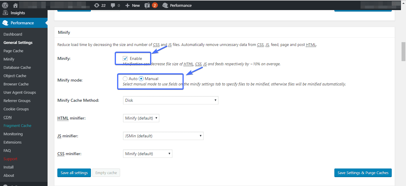 eliminate render-blocking resources: enable Minify 