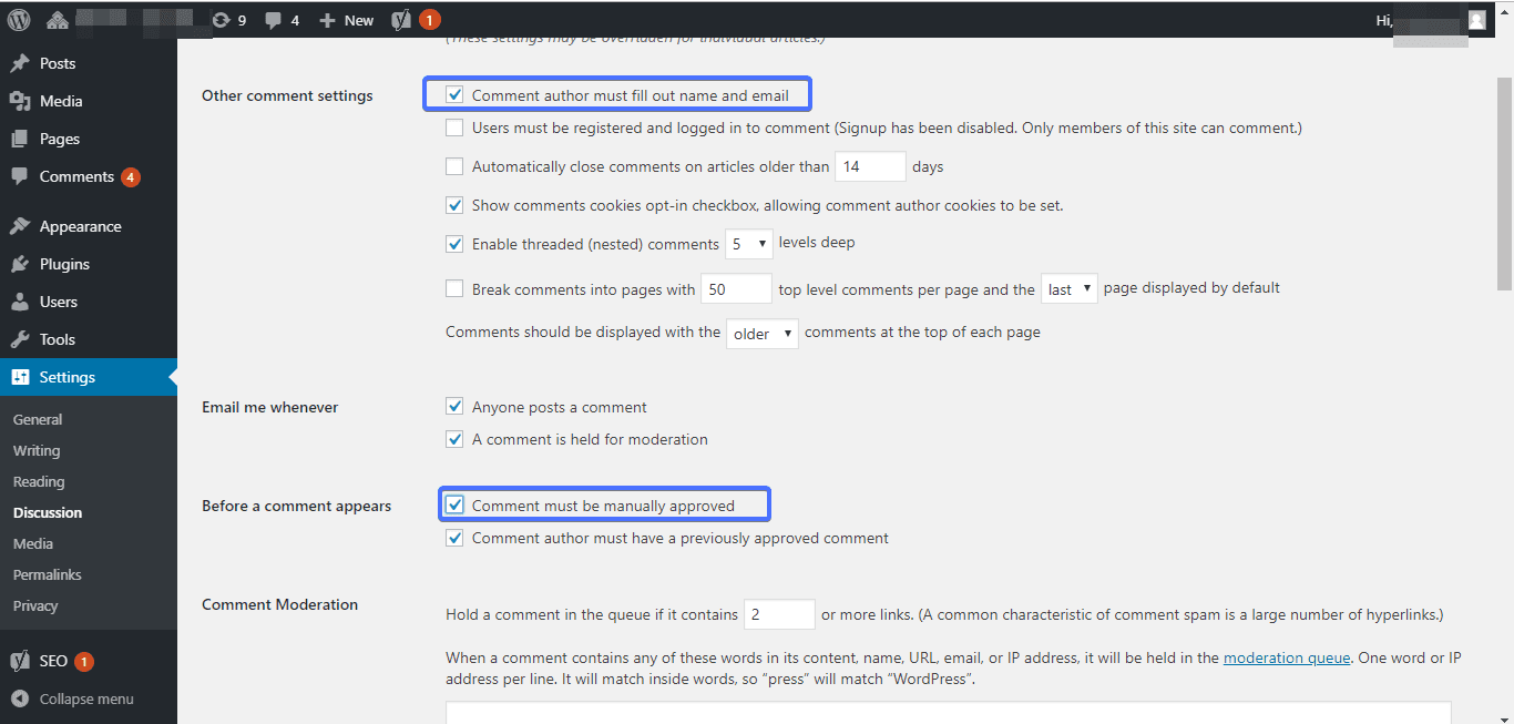 Settings >> Discussion