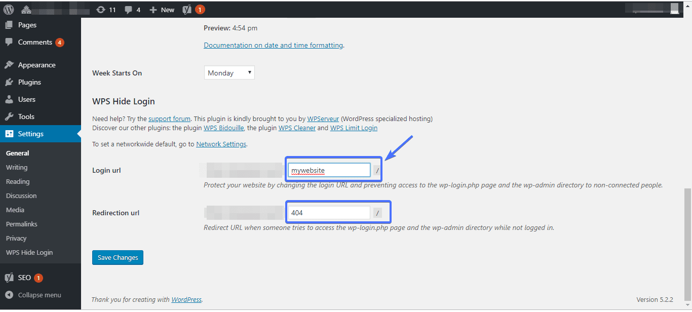 change wordpress login url page
