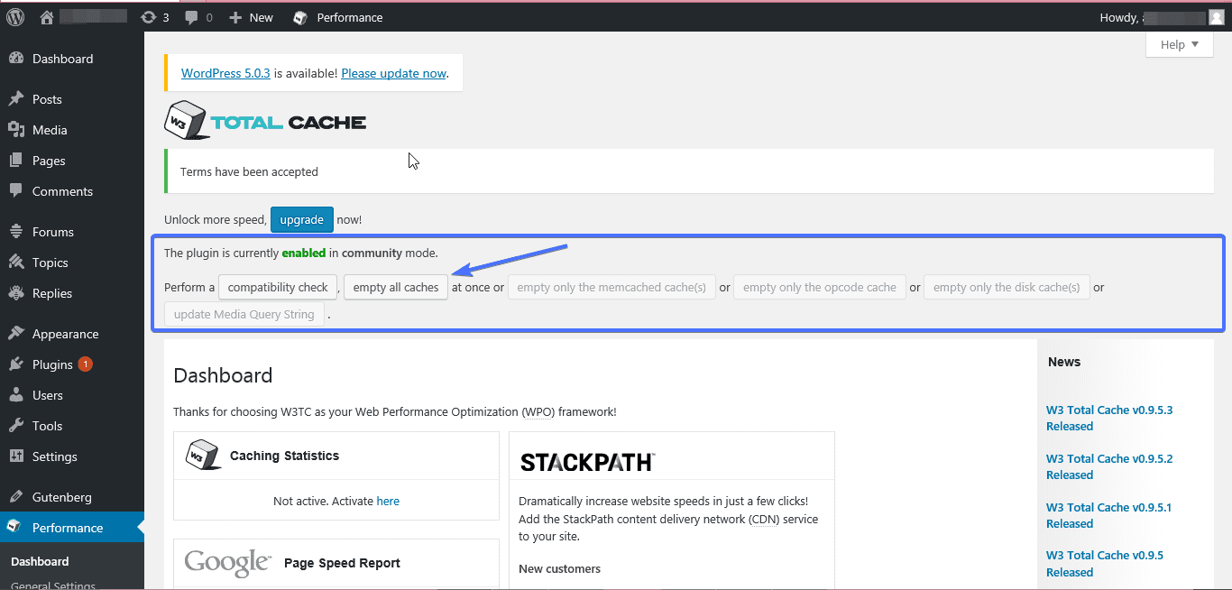 empty all caches on w3 total cache