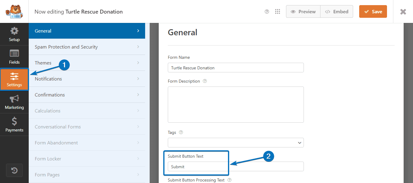 WPforms settings