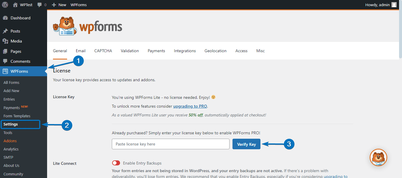 WPForms settings