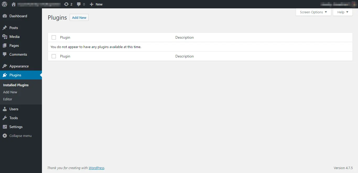 Blank WordPress admin panel - Reset plugins